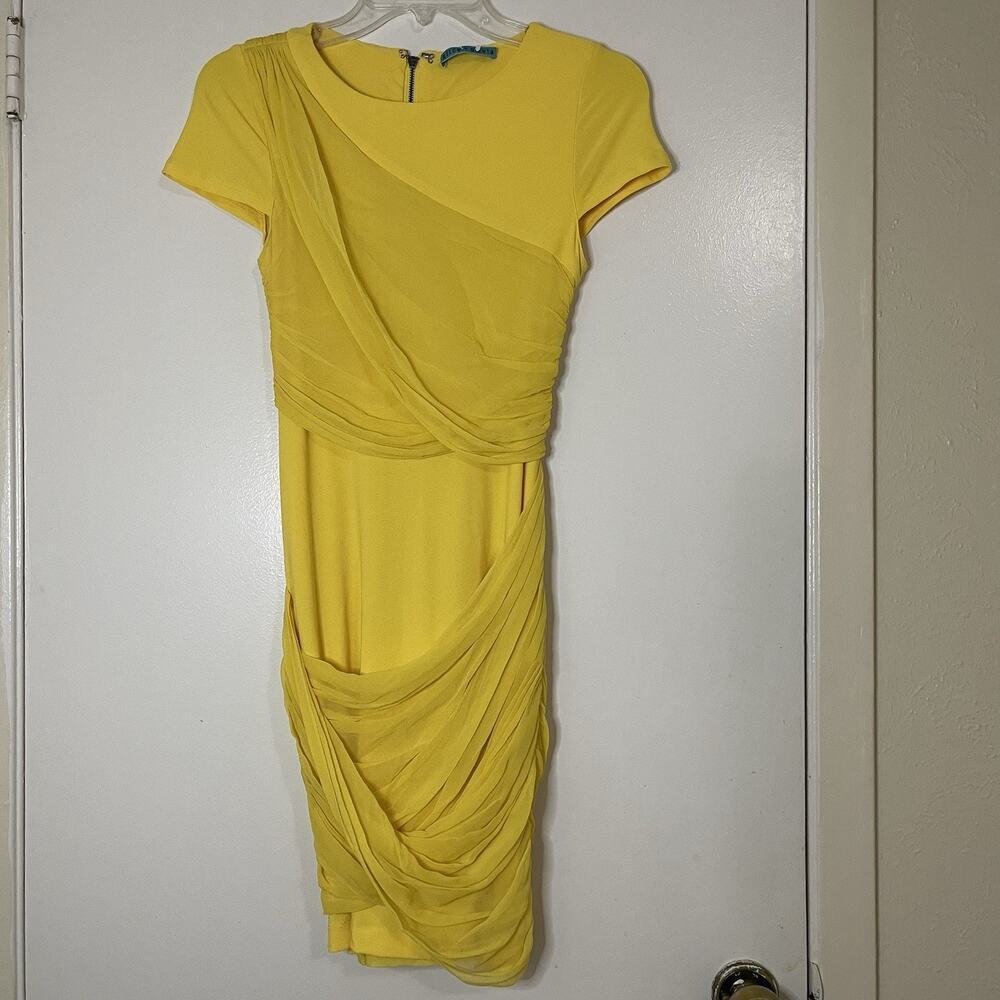 Alice + Olivia Goddess yellow wrap short sleeve bodycon mini silk dress US 2